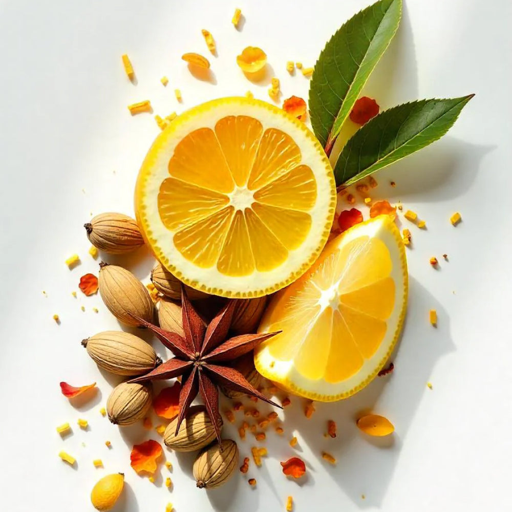 Limón, cardamomo y hojas de té representando las notas olfativas del perfume.