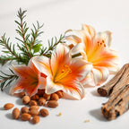 Notas olfativas de perfume con lirios anaranjados, semillas de almendra, ramas de romero y madera