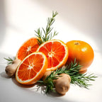 Pomelo, jengibre y romero representando las notas olfativas del perfume.