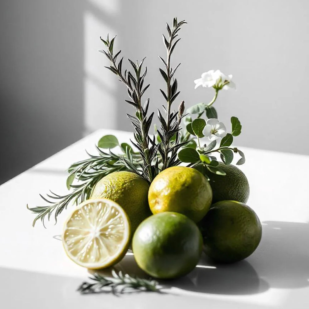 Bergamota y romero representando las notas olfativas del perfume.