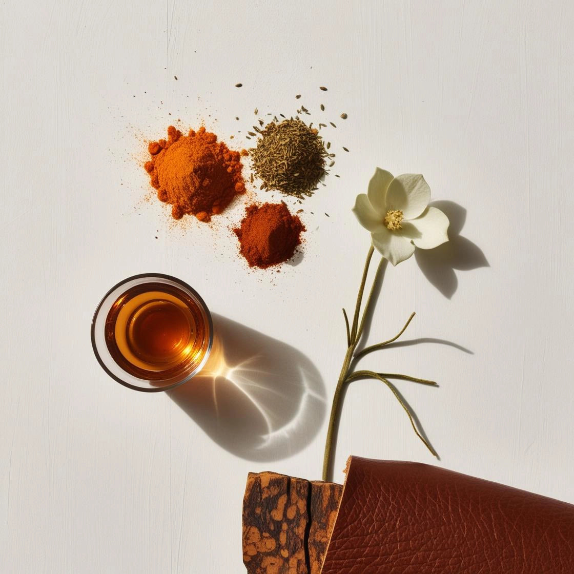 Notas olfativas de perfume con especias, comino, flores blancas, cuero y licor