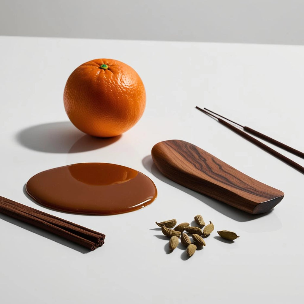 Notas olfativas de perfume con naranja, caramelo, cardamomo, canela y madera exótica