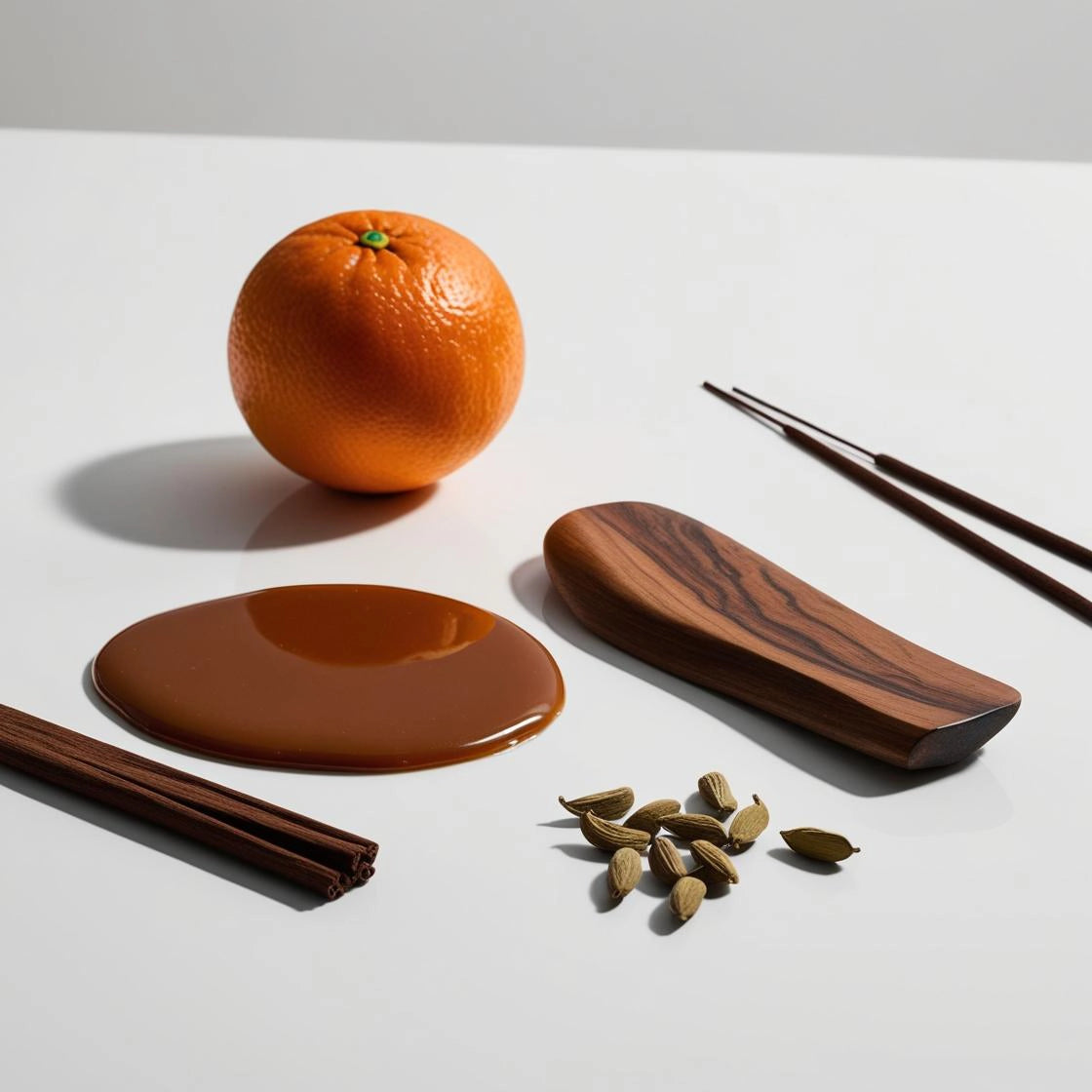 Notas olfativas de perfume con naranja, caramelo, cardamomo, canela y madera exótica