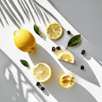 Notas olfativas de perfume con limón fresco, granos de café y hojas verdes