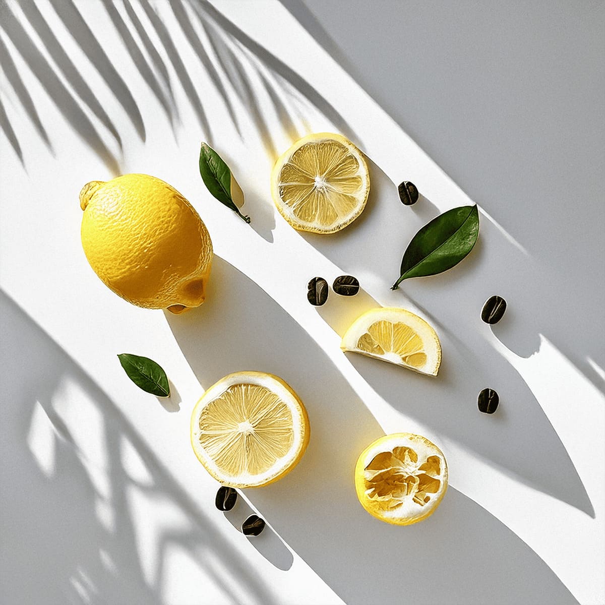 Notas olfativas de perfume con limón fresco, granos de café y hojas verdes