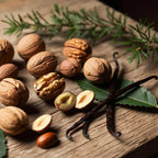 Notas olfativas de perfume con nueces, vainilla y hojas verdes