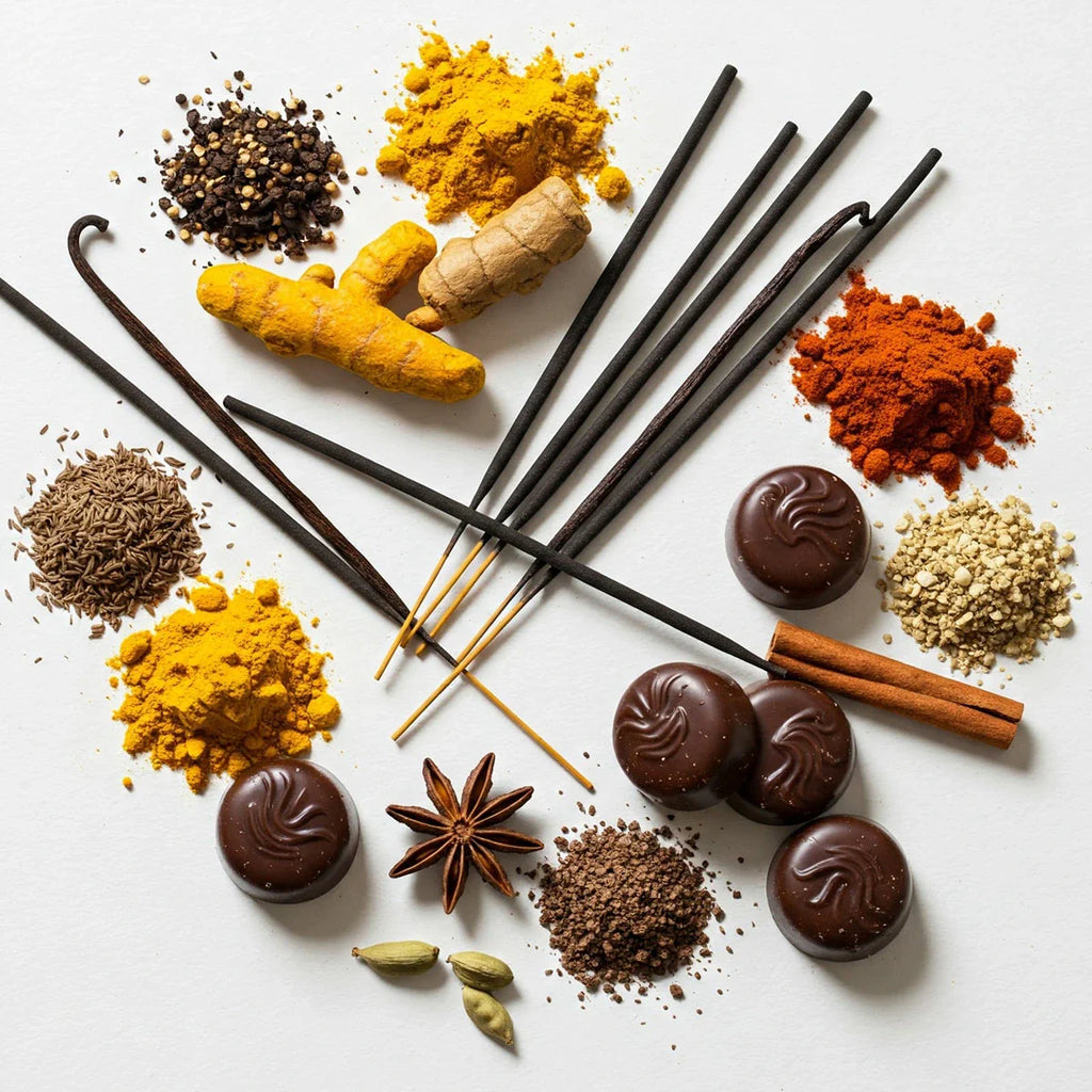 Notas olfativas del perfume con especias cálidas, incienso, vainilla y chocolate intenso.