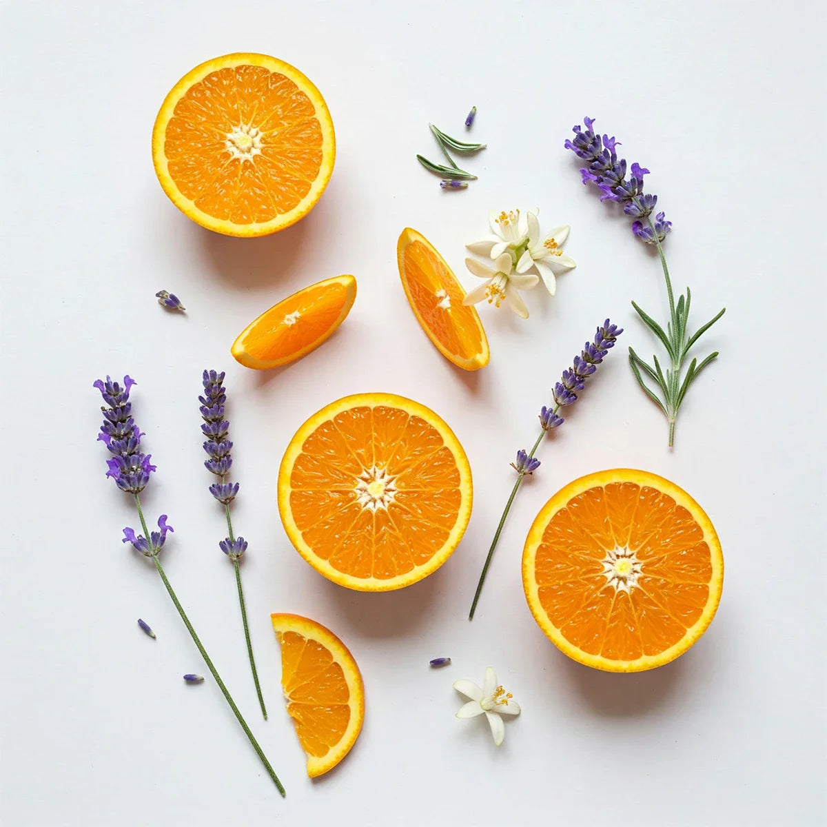 Notas olfativas del perfume con naranja jugosa, lavanda fresca, azahar y un toque verde aromático.