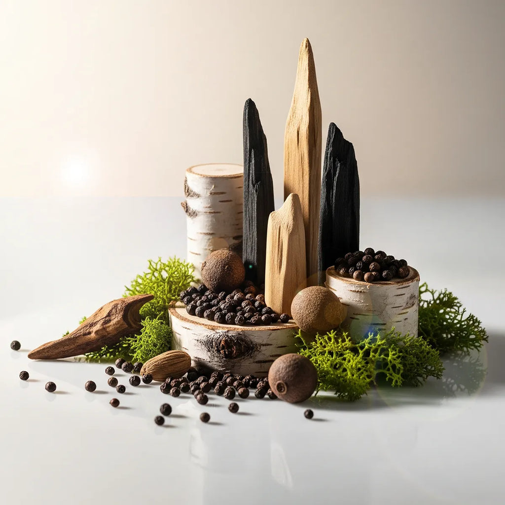 Notas olfativas del perfume con maderas ahumadas, pimienta negra intensa, nuez moscada y un toque verde de musgo.