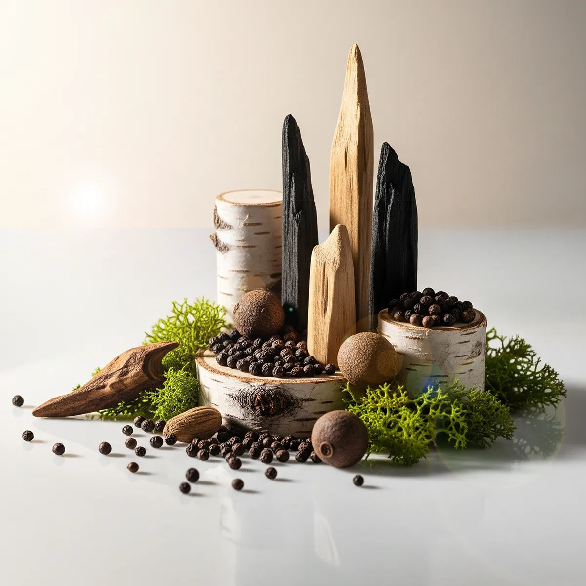 Notas olfativas del perfume con maderas ahumadas, pimienta negra intensa, nuez moscada y un toque verde de musgo.