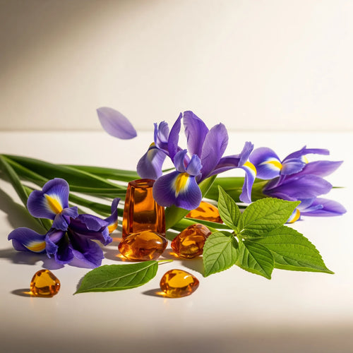 Notas olfativas del perfume con iris elegante, hojas verdes frescas y un fondo cálido de ámbar.