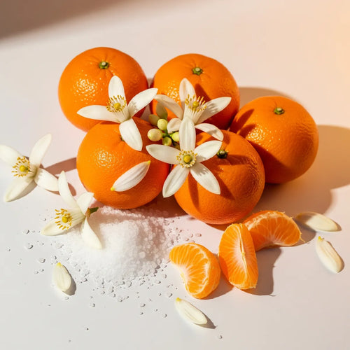 Notas olfativas del perfume con mandarina dulce, flor de azahar y un toque fresco de sal marina.