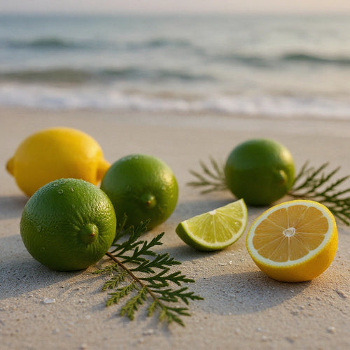 Notas olfativas del perfume con limón fresco, lima jugosa y un toque verde marino.