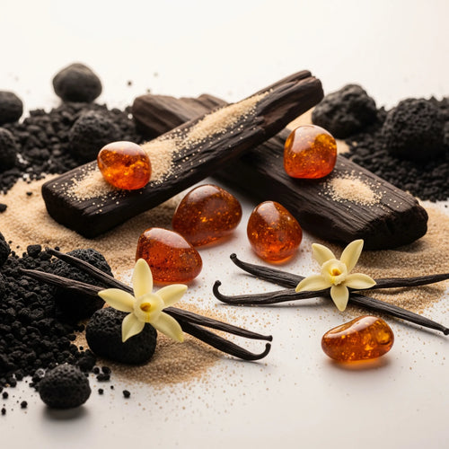 Notas olfativas del perfume con ámbar cálido, vainilla suave, maderas oscuras y un toque mineral.