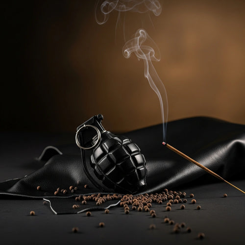 Granada negra sobre cuero e incienso haciendo alusión al perfume intenso y misterioso.