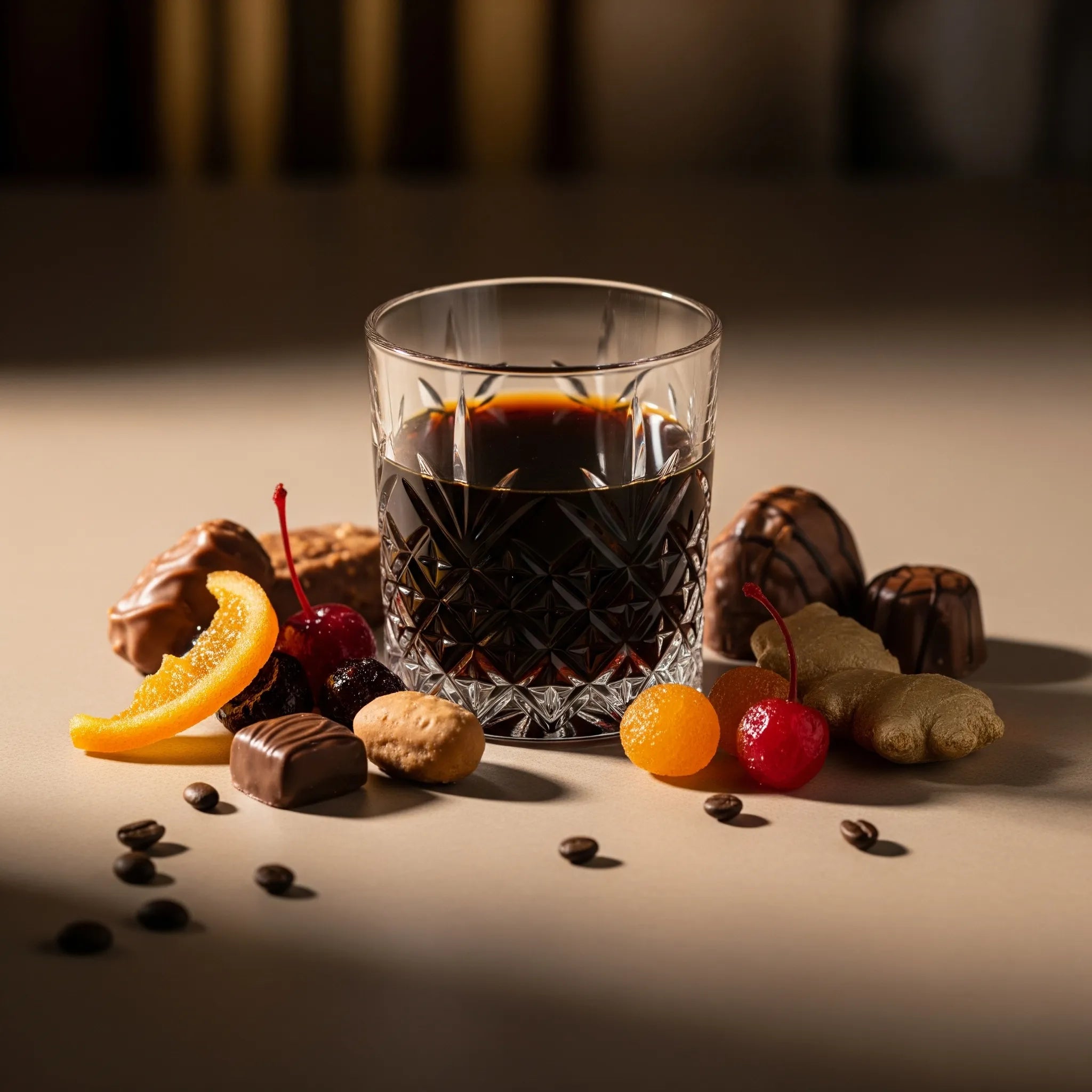 Notas olfativas del perfume con licor oscuro, chocolate intenso, frutas confitadas y un toque de café.