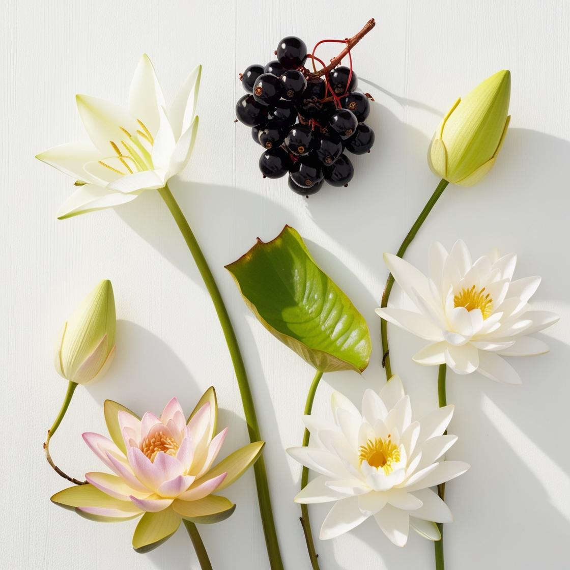 Flor de loto y grosellas negras representando las notas olfativas del perfume.