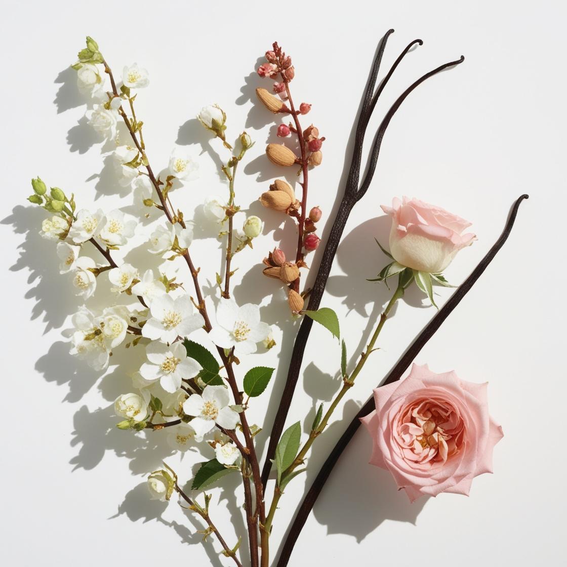 Notas olfativas del perfume con flor de cerezo delicada, almendra suave, rosa aterciopelada y un toque cremoso de vainilla.