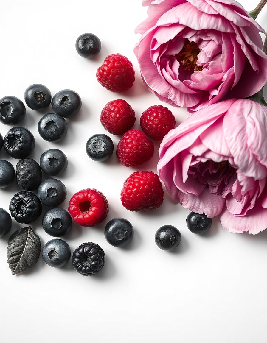 Jazmín egipcio, frambuesas, moras y grosellas negras representando las notas olfativas del perfume.