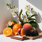 Mandarina, jazmín, melocotón y cedro representando las notas olfativas del perfume.