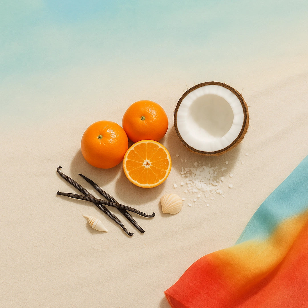 Notas olfativas del perfume con mandarina jugosa, coco cremoso y un toque dulce de vainilla.