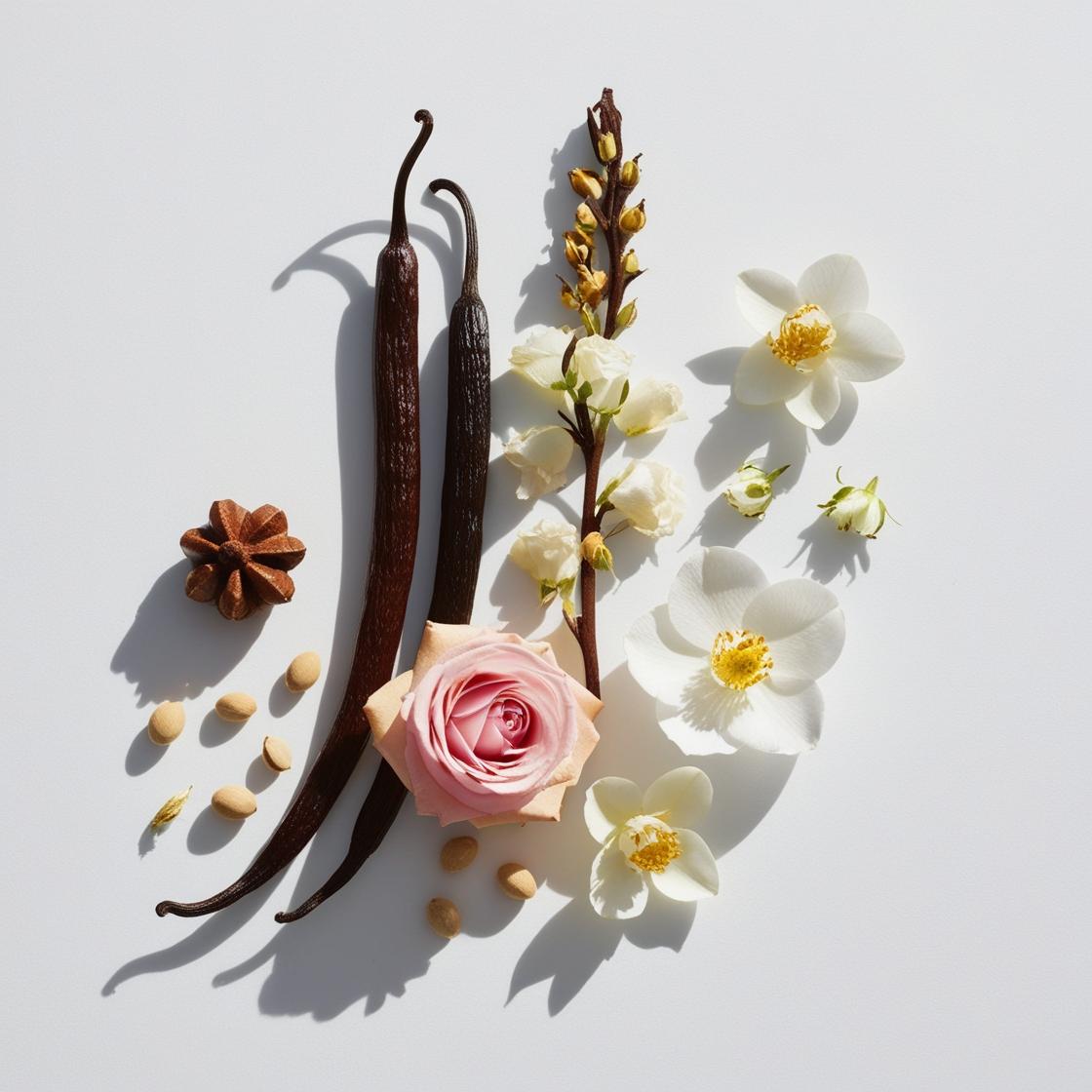 Notas olfativas del perfume con jazmín luminoso, vainilla envolvente y un toque especiado de anís estrellado.