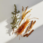 Ládano, azafrán y madera representando las notas olfativas del perfume.