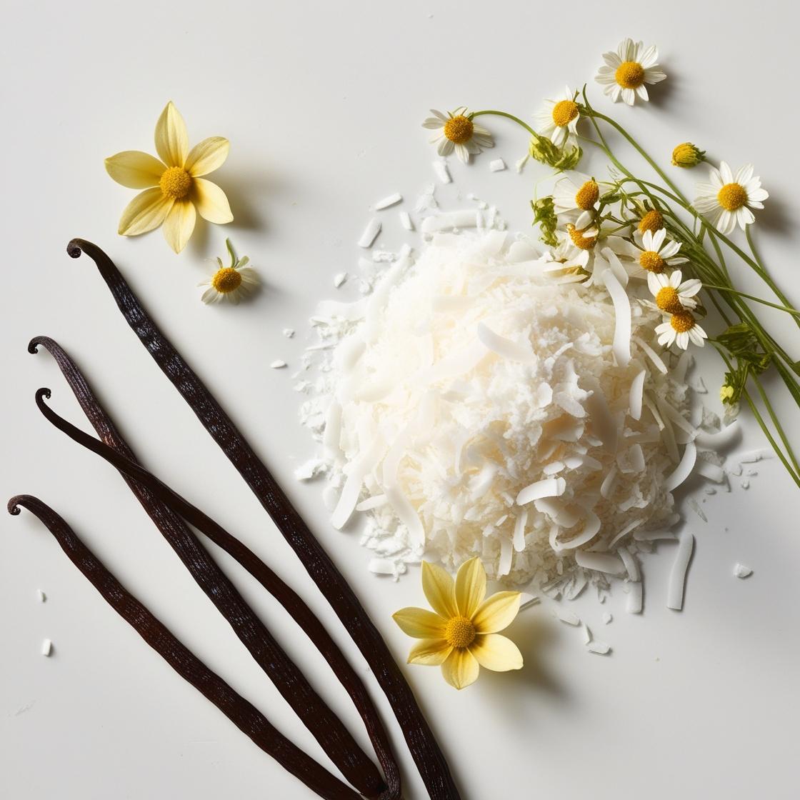 Vainilla, coco y manzanilla representando las notas olfativas del perfume.