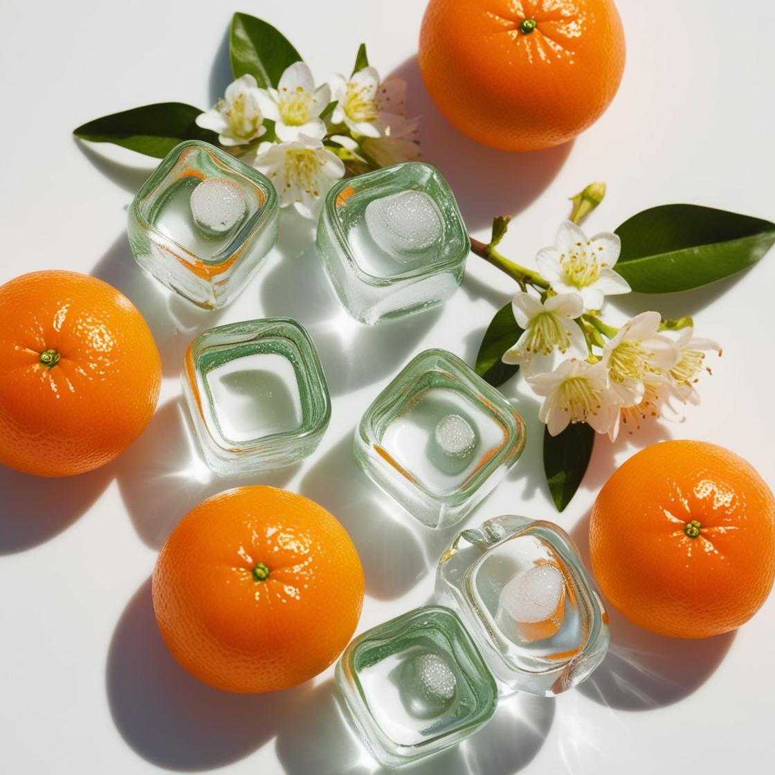 Hielo y flor de cerezo representando las notas olfativas del perfume.