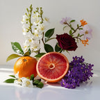 Notas olfativas del perfume con pomelo vibrante, naranja jugosa, rosa profunda y un bouquet de flores blancas y violetas.