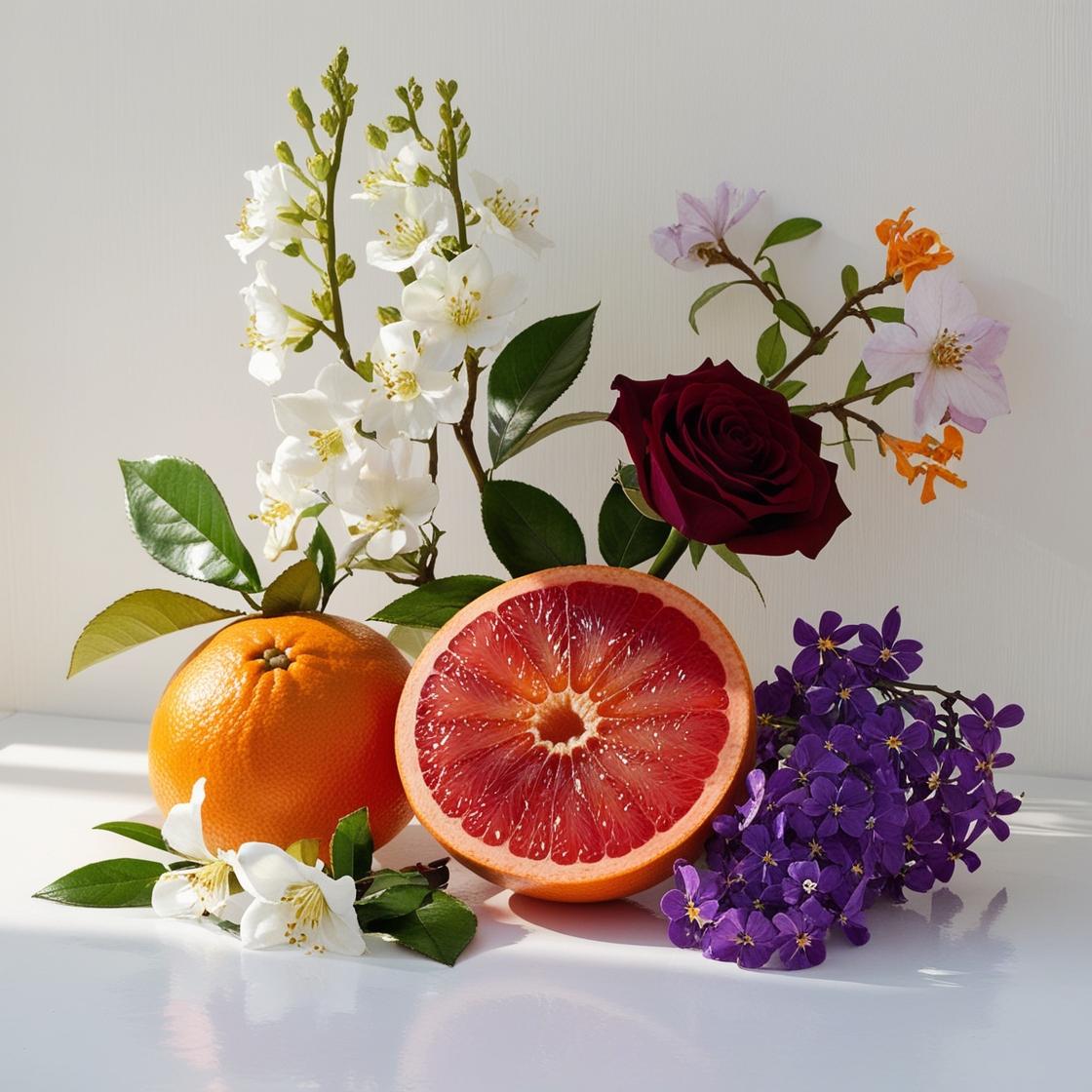 Notas olfativas del perfume con pomelo vibrante, naranja jugosa, rosa profunda y un bouquet de flores blancas y violetas.