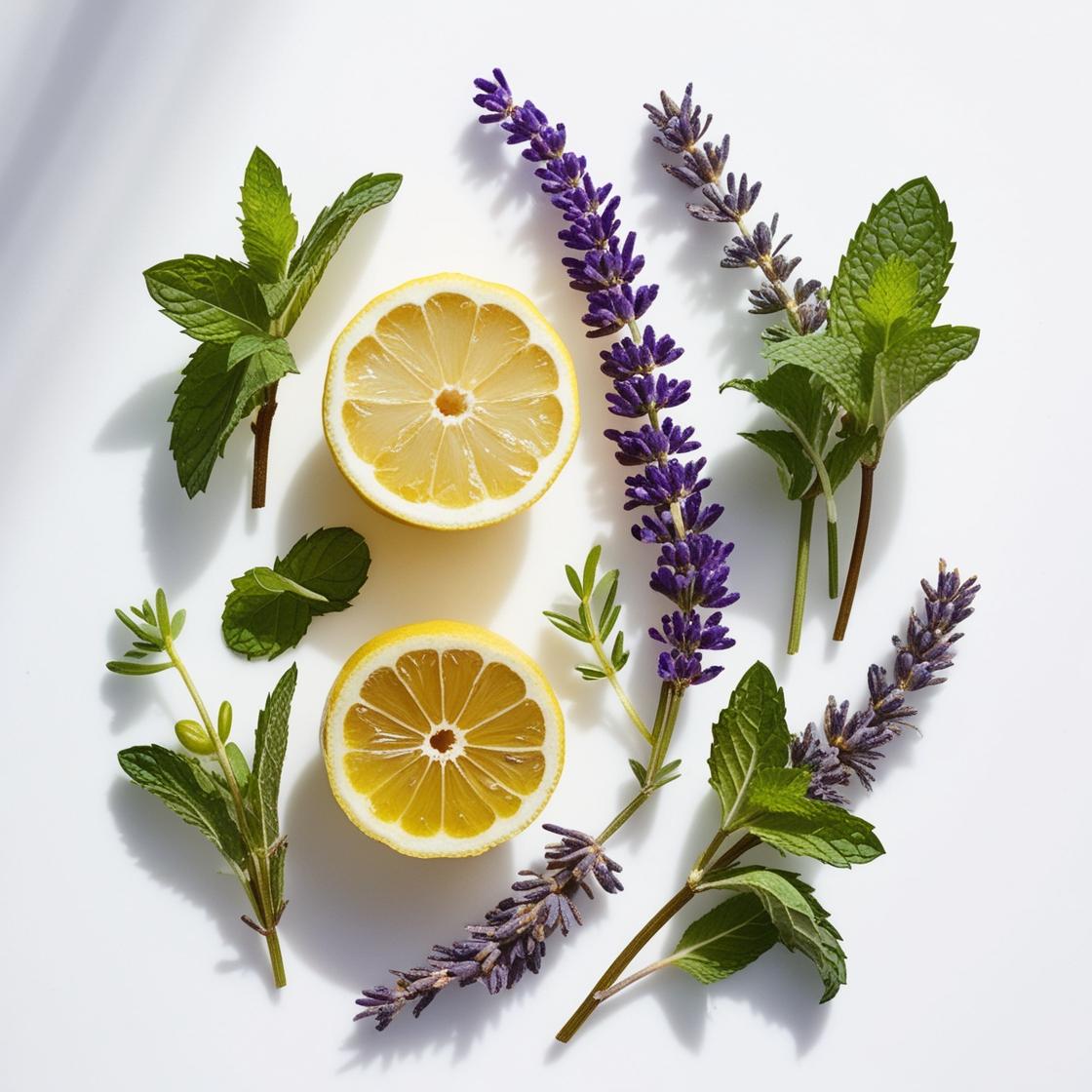 Notas olfativas del perfume con limón, lavanda y menta.