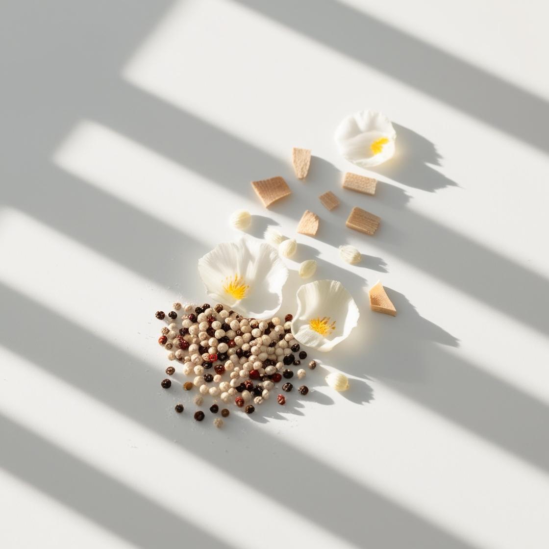 Notas olfativas con pimienta vibrante, flores blancas delicadas y un fondo amaderado suave.