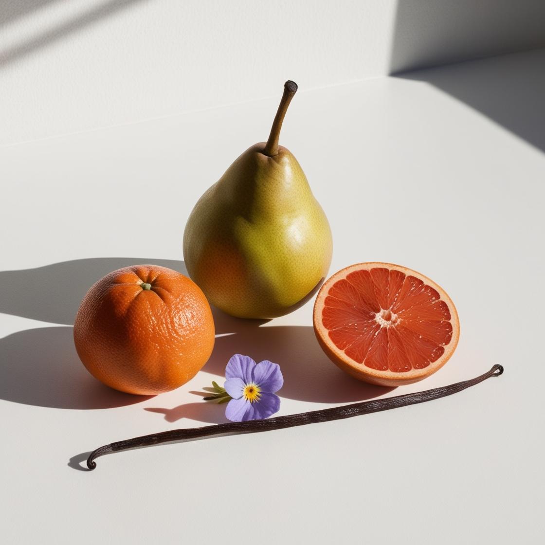 Notas olfativas del perfume con pera jugosa, mandarina dulce, pomelo vibrante, vainilla suave y un toque floral violeta.