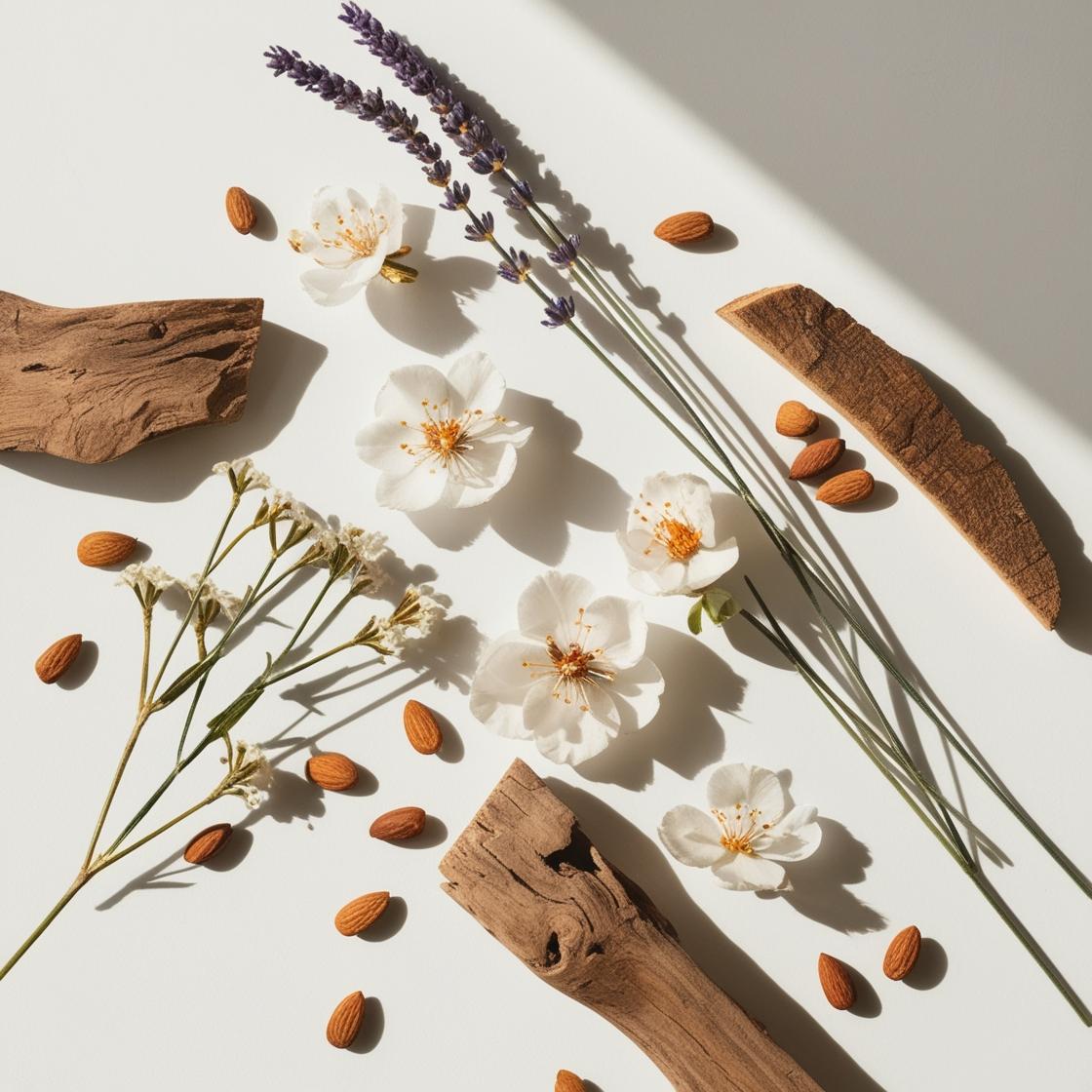 Notas olfativas del perfume con lavanda aromática, flores blancas, almendra suave y maderas cálidas.