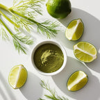 Bergamota, hinojo y té matcha representando las notas olfativas del perfume.