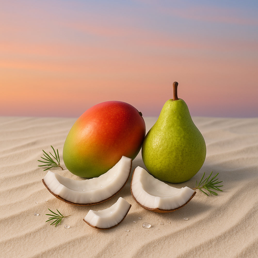 Notas olfativas del perfume con mango exótico, ámbar dorado y un toque de madera cálida.