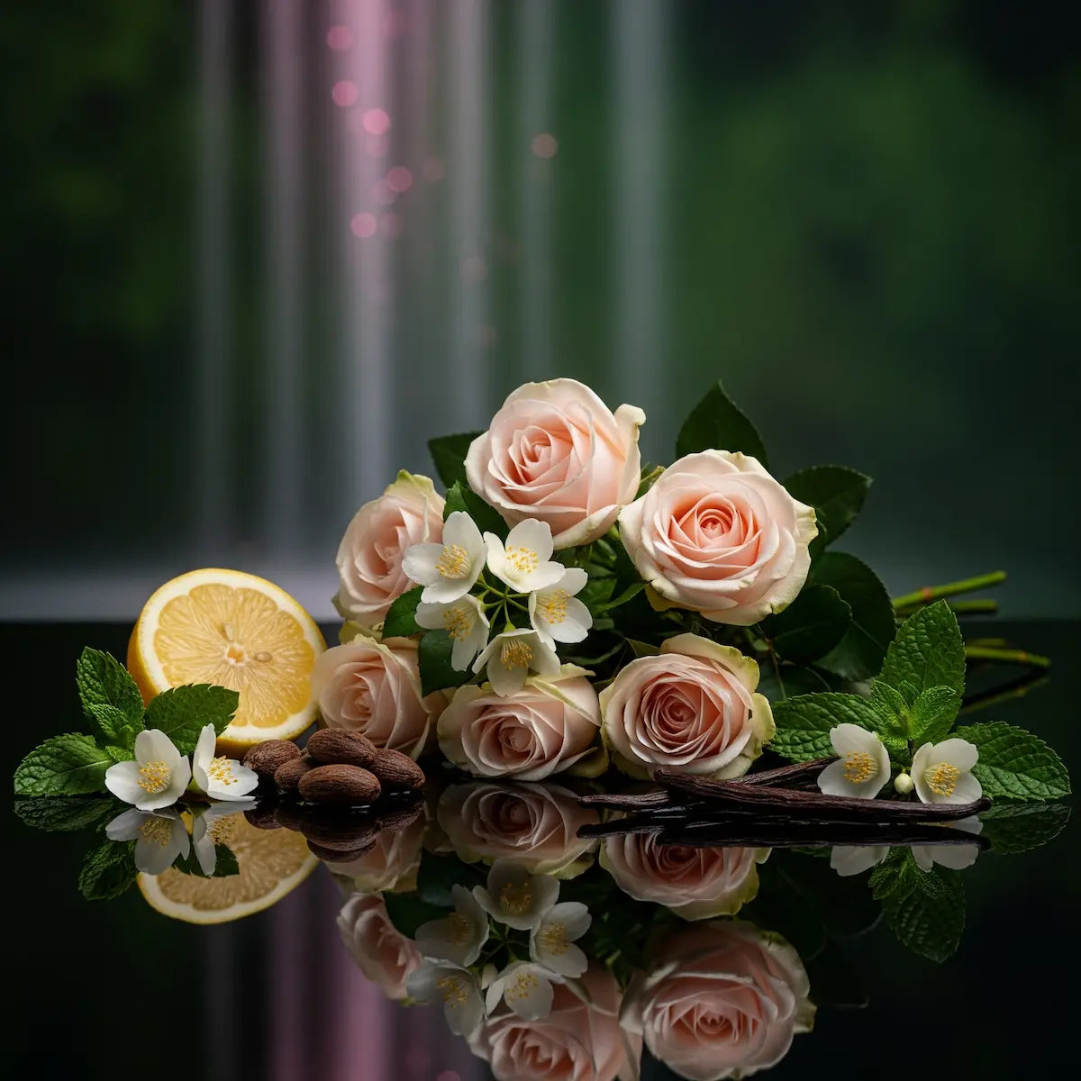 Haba tonka, rosa y sin alcohol, notas olfativas del perfume equivalente divain.nitrogen para mujer