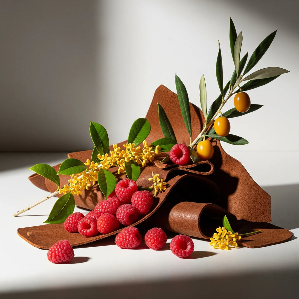 Notas olfativas afrutadas y amaderadas con frambuesa, cuero, kumquat y flores amarillas