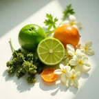 Madreselva, mandarina, jazmín y musgo representando las notas olfativas del perfume.