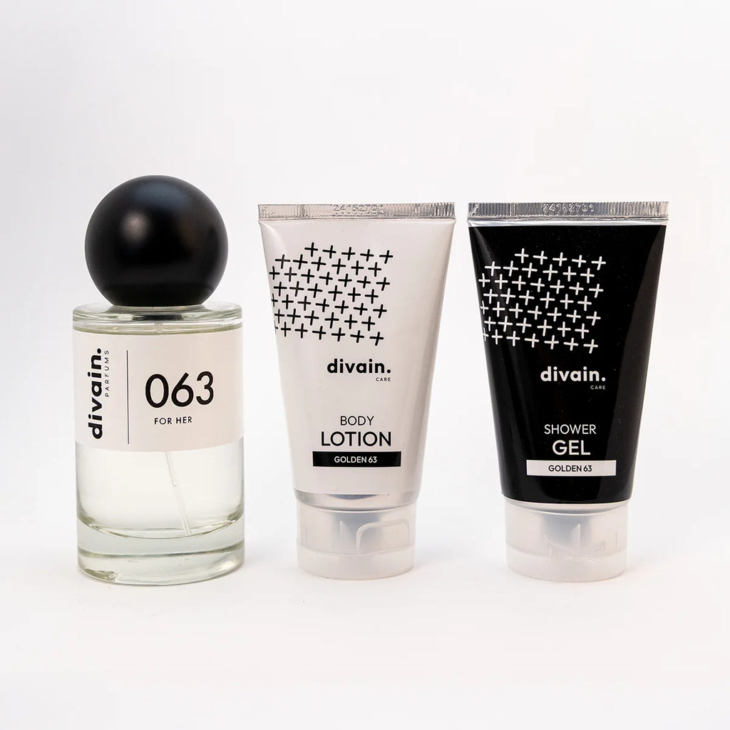 Perfume divain 063 con su crema corporal y su gel.