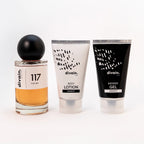 Perfume divain 117 con su crema corporal y su gel.