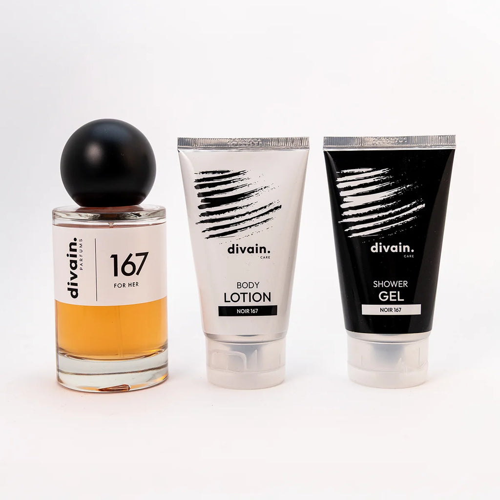 Perfume divain 167 con su crema corporal y su gel.