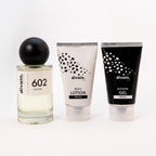 Perfume divain 602 con su crema corporal y su gel.