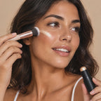 Highlighter Stick Halo difuminado en el pómulo con brocha
