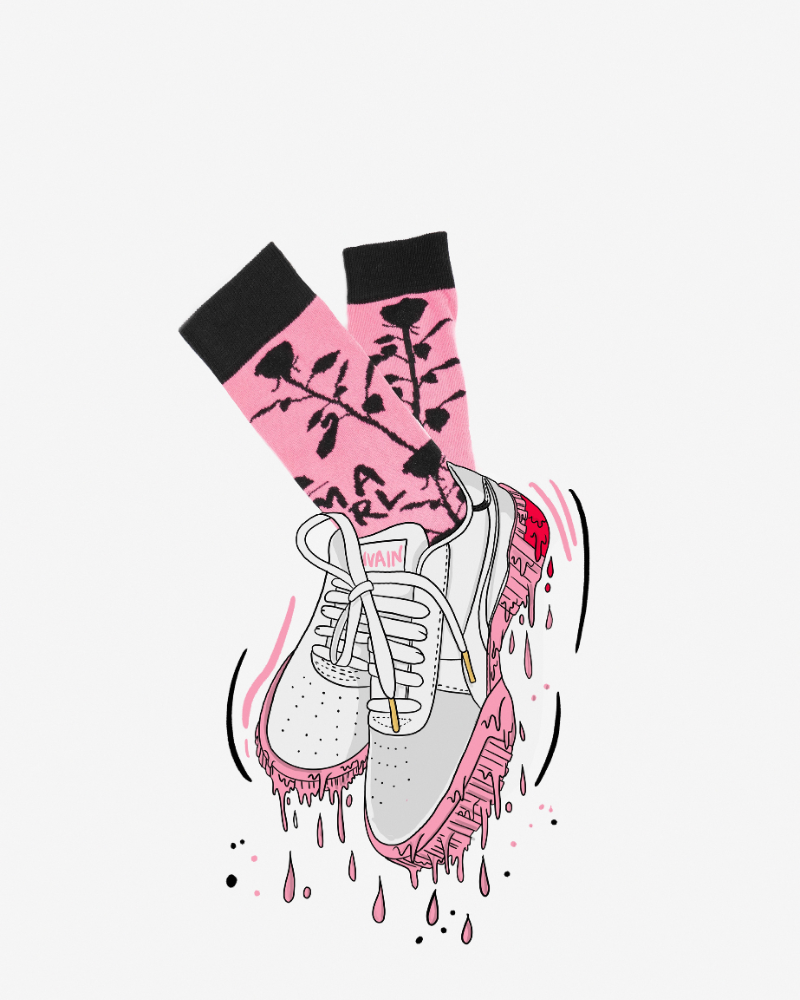 Drawing of pink and white sneakers melting with socks on